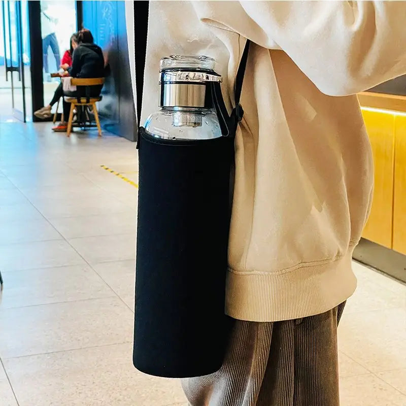 1.0L Large Glass Water Bottle with Cloth Sleeve – Borosilicate Glass Tea Infuser & Portable Outdoor Bottle