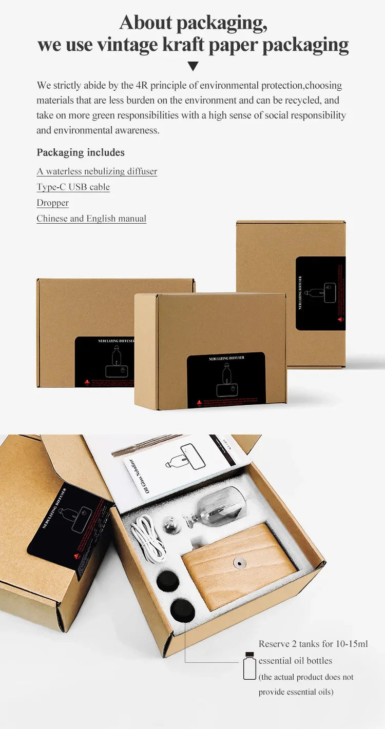 Nebulizing Essential Oil Diffuser – Battery Operated, Wood & Glass for Home & Office